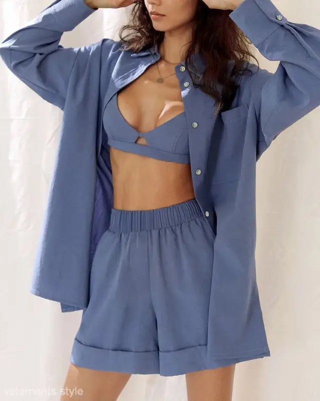 Blue linen lounge set from the summer poplin pajamas three-piece set collection