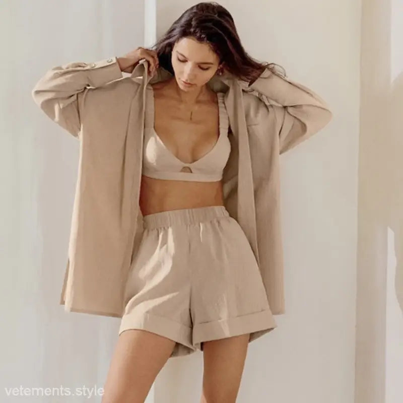 Beige lounge set from Three-Piece Poplin Pajamas Set for Comfort in Spring and Fall