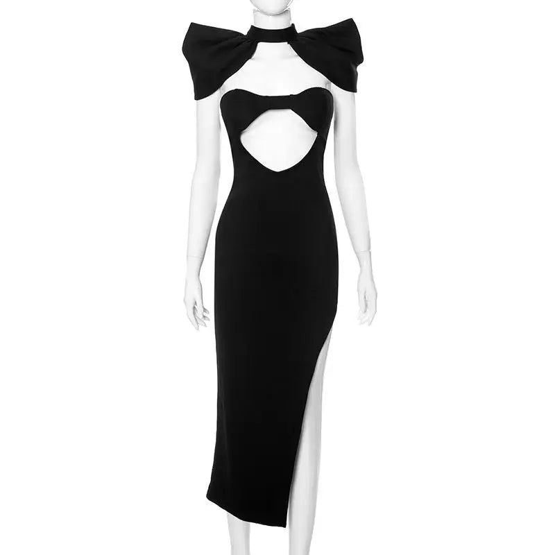 Black midi open bone dress with bow accents, thigh slit, trendy open bone design