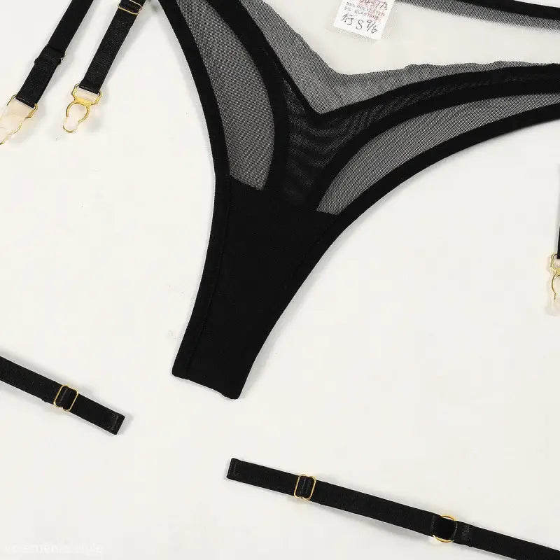 Black mesh and opaque thong with adjustable garter straps from Triangle Cup Sexy Lingerie Set