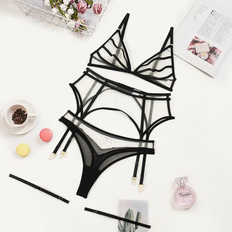 Triangle cup sexy lingerie set with sheer mesh and lace accents for elegant allure