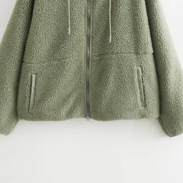 Sage green fleece winter hooded wool coat with zipper closure and side pockets