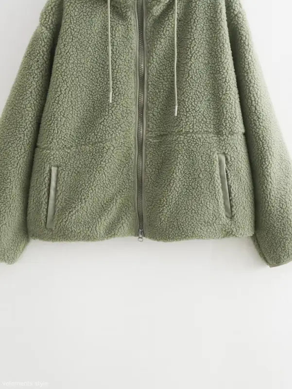 Sage green fleece winter hooded wool coat with zipper closure and side pockets
