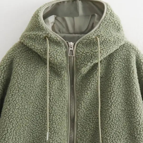 Sage green fleece hoodie featuring a full-length zipper for the Urban Hooded Wool Coat