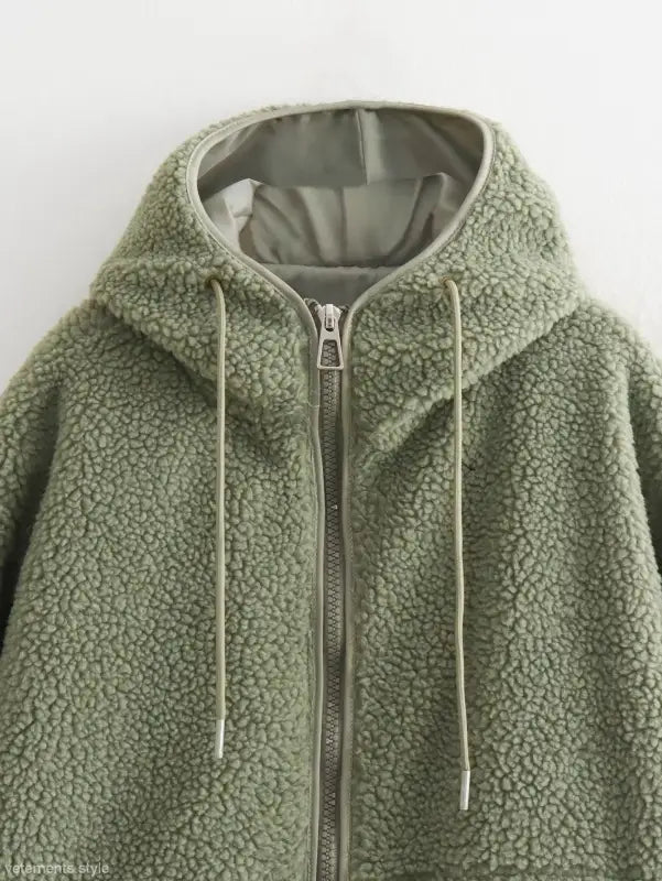 Sage green fleece hoodie featuring a full-length zipper for the Urban Hooded Wool Coat