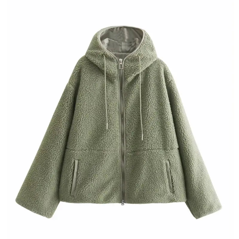 Sage green fleece hooded wool coat with zipper closure and pockets for winter wear
