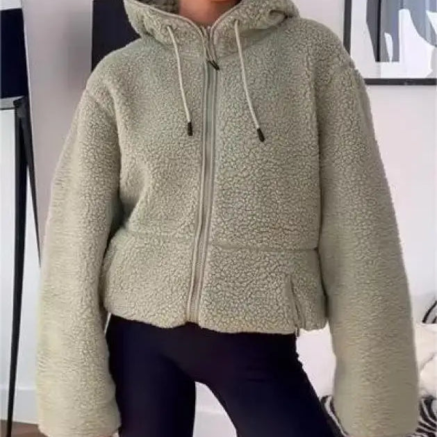 Cozy sage green urban hooded wool coat with zipper closure for winter wear