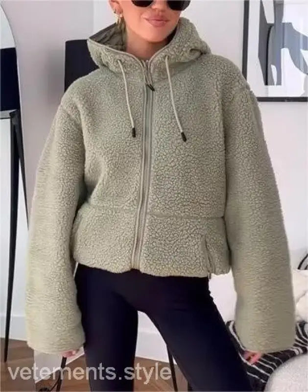 Cozy sage green urban hooded wool coat with zipper closure for winter wear