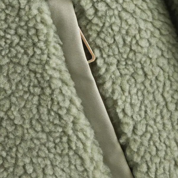Pocket detail on light green fleece of Urban Hooded Wool Coat for winter wear