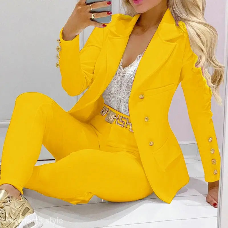 Yellow Urban Office Suit featuring gold accents with winter straight leg pants