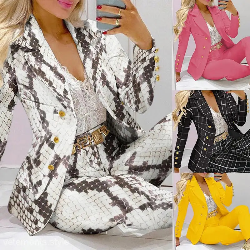 Women’s Urban Office Suit with Animal Print Long Sleeve Top and Winter Straight Leg Pants
