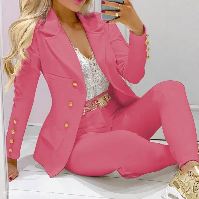 Pink women’s Urban Office Suit featuring an animal print top and winter straight leg pants