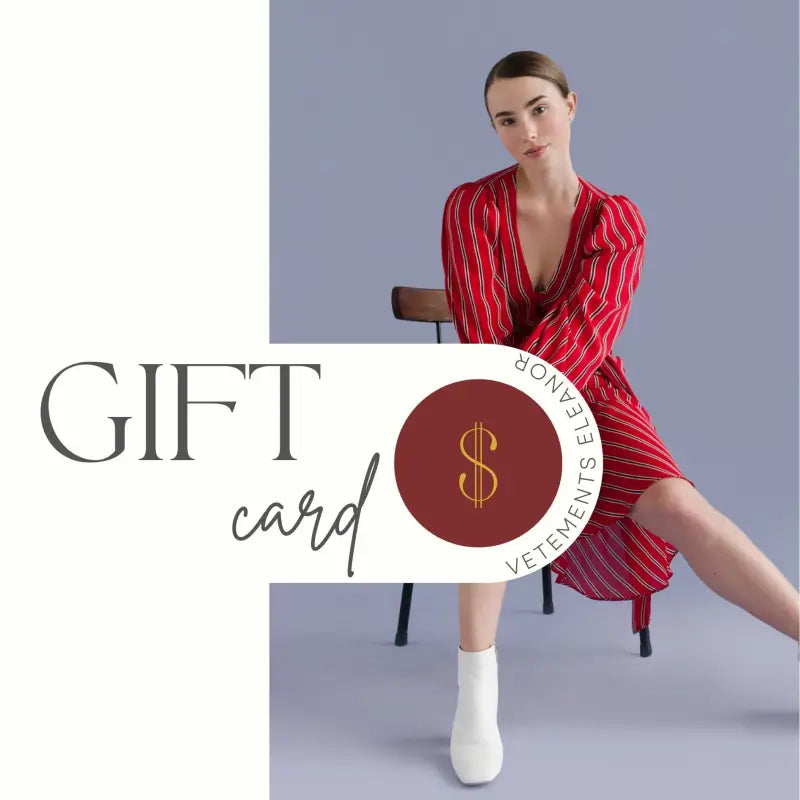 VETEMENTS gift card advertisement featuring a woman in a red striped dress with free shipping