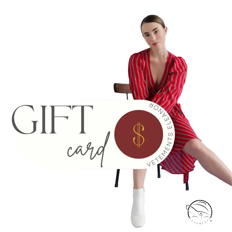 Vetements gift card ad with woman in red striped dress, free shipping