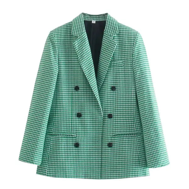 Green and white houndstooth double-breasted blazer in Vintage Single Breasted Plaid style