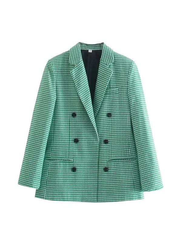Green and white houndstooth double-breasted blazer in Vintage Single Breasted Plaid style