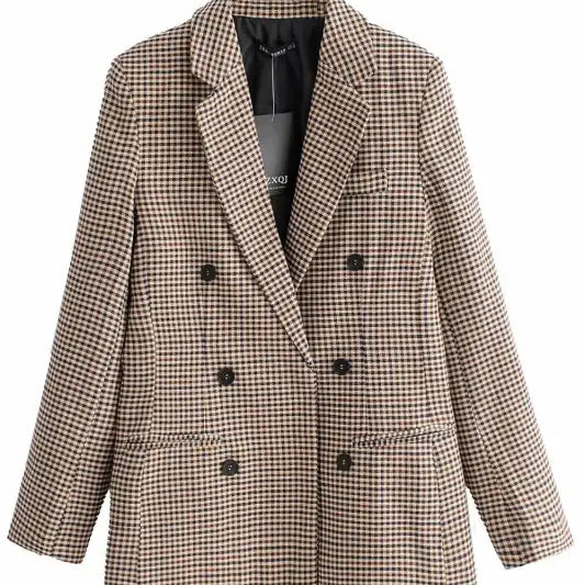 Brown and beige plaid double-breasted blazer in vintage single breasted style