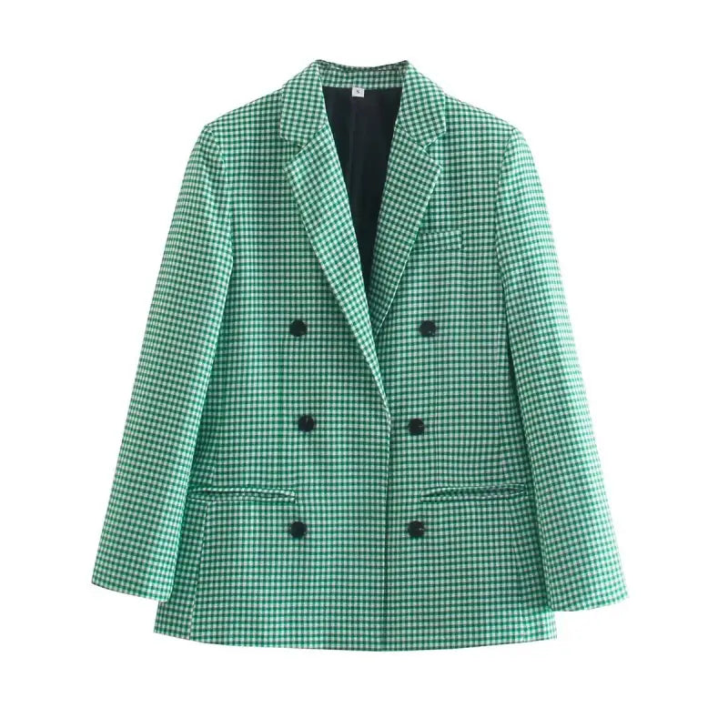 Vintage Single Breasted Plaid Office Pocket Blazer in Green and White Checkered Design