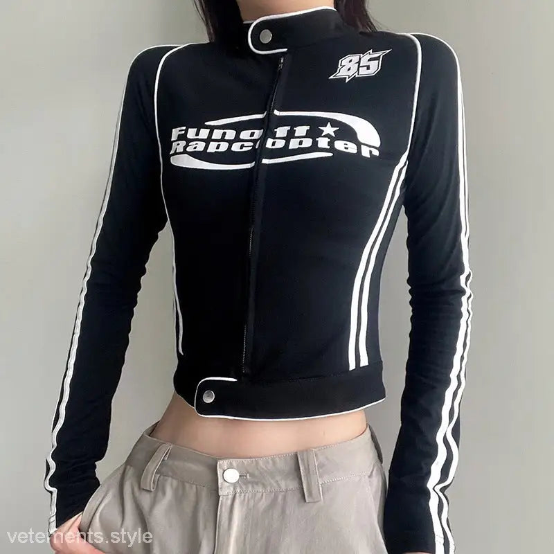 Black racing-style Vintage Stand Jacket with Zipper offering free shipping option