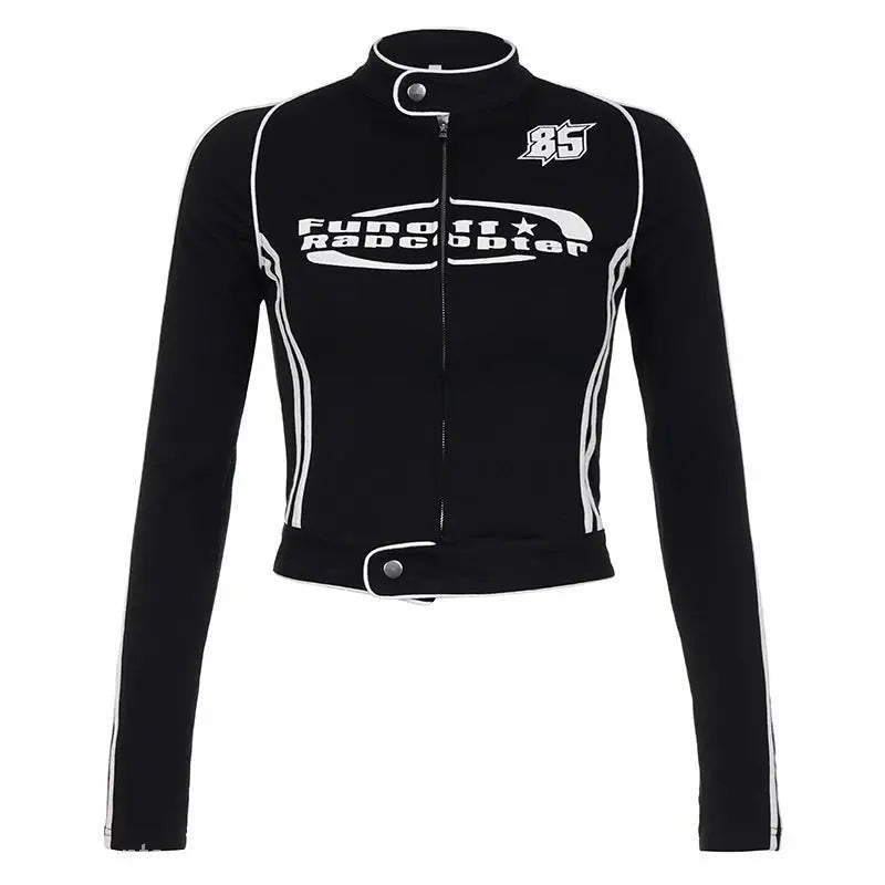 Black racing-style Vintage Stand Jacket with zipper and white accents, free shipping available