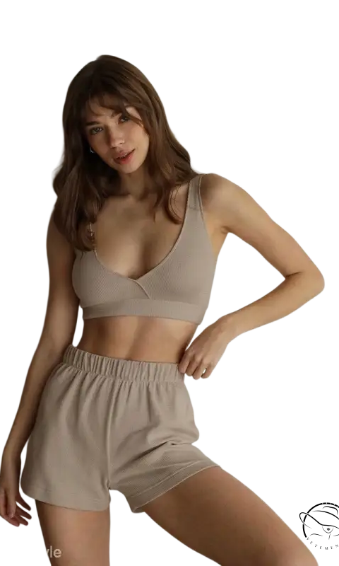 Matching beige waffle pajamas three-piece lounge set with shorts