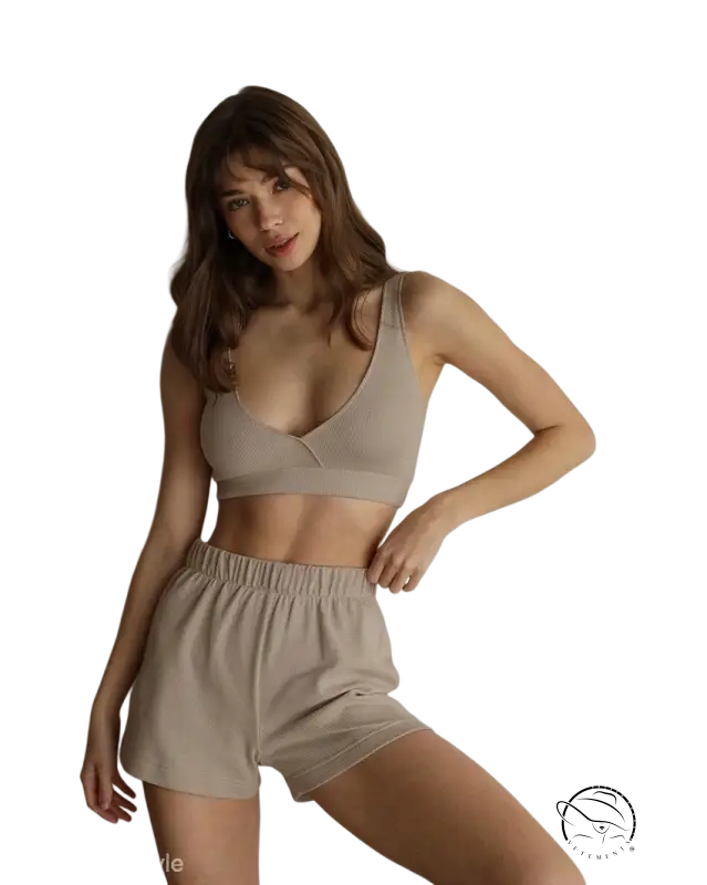 Matching beige waffle pajamas three-piece lounge set with shorts