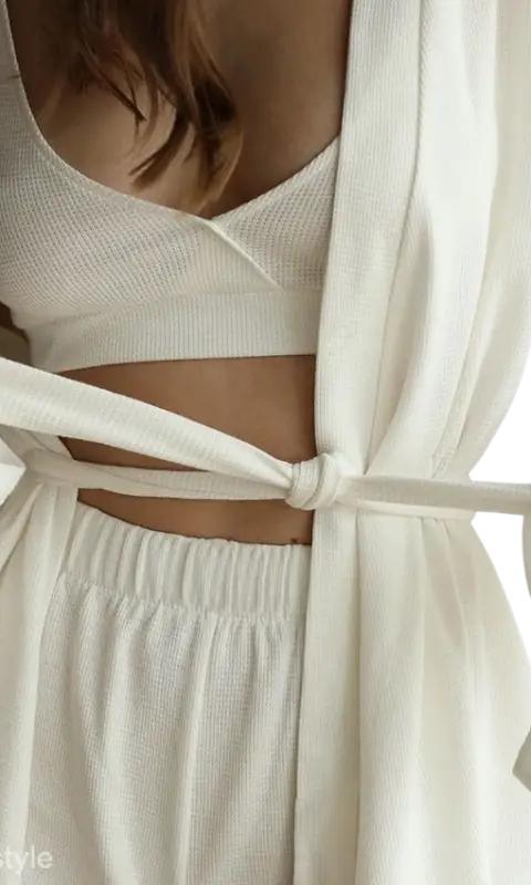 White waffle pajamas three-piece lounge set with shorts