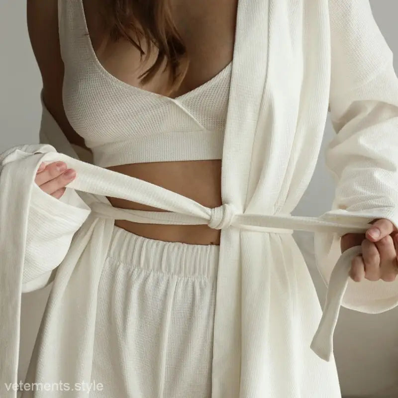 Waffle Pajamas Three-Piece Lounge Set featuring a Tie Sleeve Top and Shorts in White