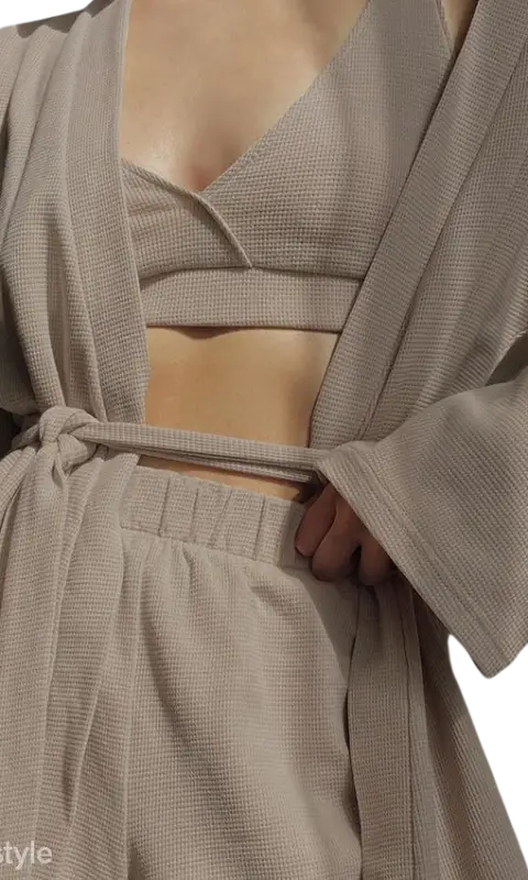Beige waffle-knit three-piece lounge set with tie sleeve top and shorts