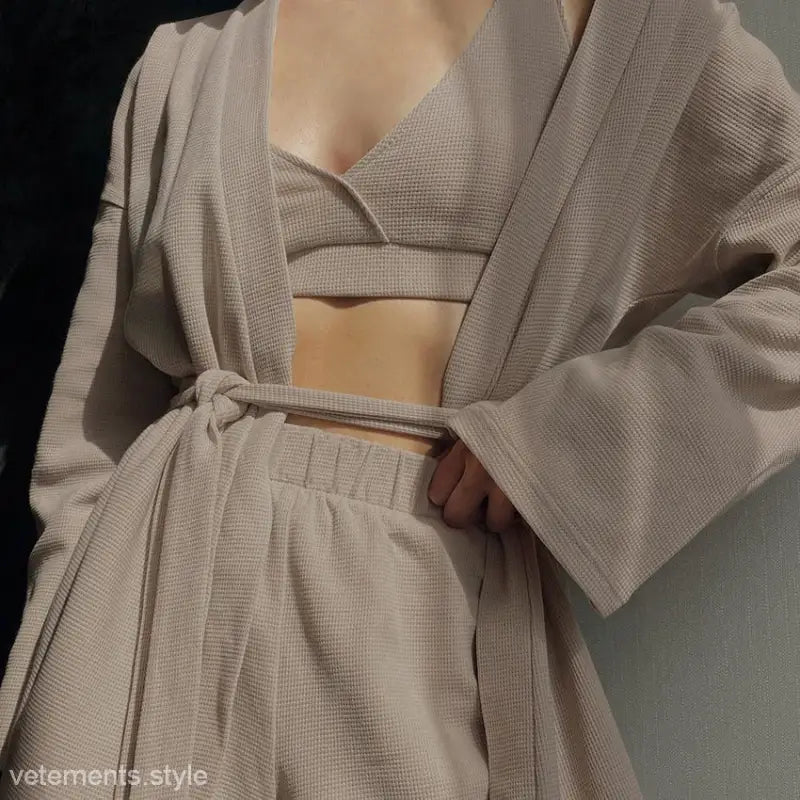Beige Waffle Pajamas Three-Piece Lounge Set with Tie Sleeve Top and Waffle Shorts