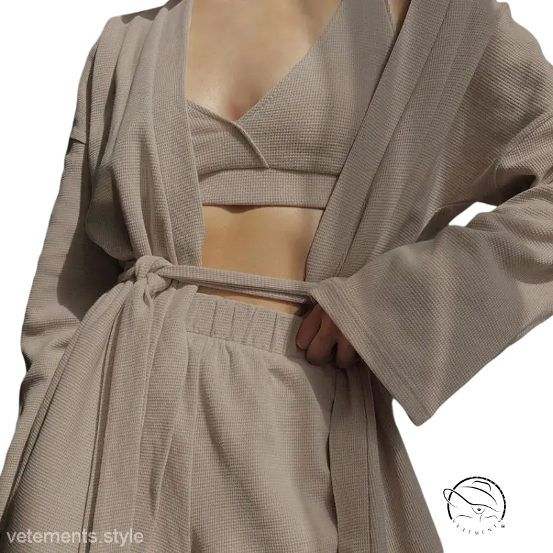 Beige waffle-knit three-piece lounge set with tie sleeve top and shorts