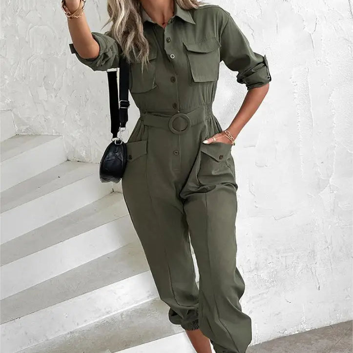 Olive green waist tied casual cargo jumpsuit designed for Spring, Summer, and Fall seasons