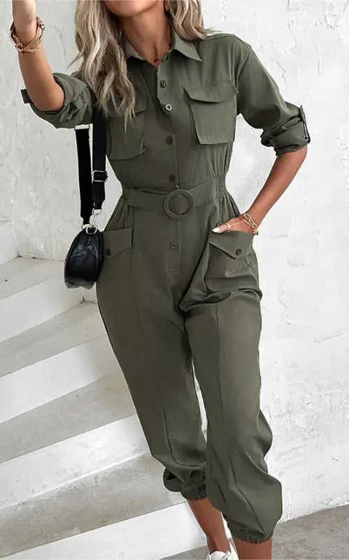 Olive green waist tied casual cargo jumpsuit designed for Spring, Summer, and Fall seasons