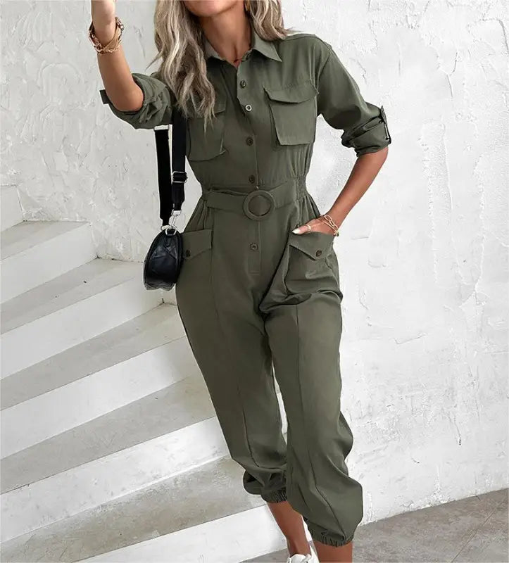 Olive green waist tied casual cargo jumpsuit designed for Spring, Summer, and Fall seasons