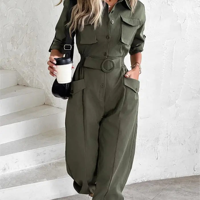 Olive green waist tied casual cargo jumpsuit for spring, summer, fall seasons