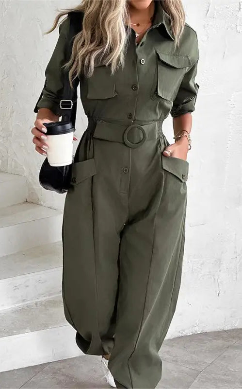 Olive green waist tied casual cargo jumpsuit for spring, summer, fall seasons
