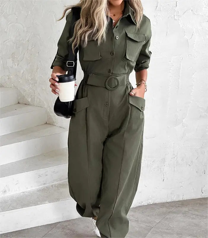 Olive green waist tied casual cargo jumpsuit for spring, summer, fall seasons