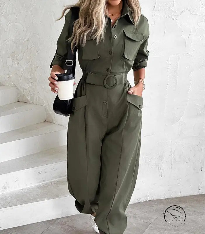 Olive green waist tied casual cargo jumpsuit for spring summer fall