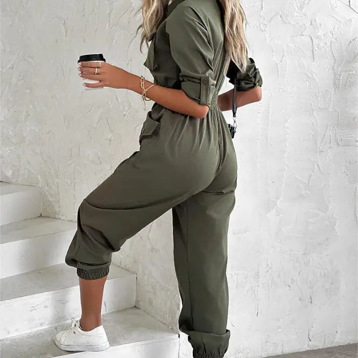 Olive green waist tied casual cargo jumpsuit for spring summer fall seasons