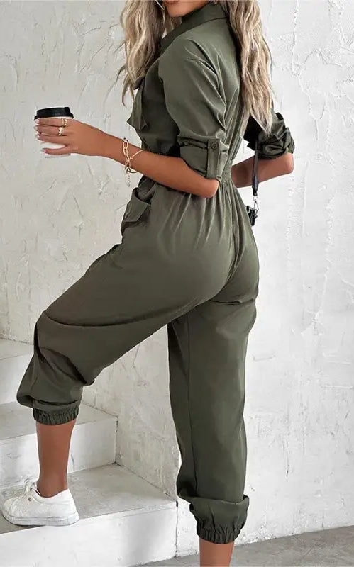 Olive green waist tied casual cargo jumpsuit for spring summer fall seasons