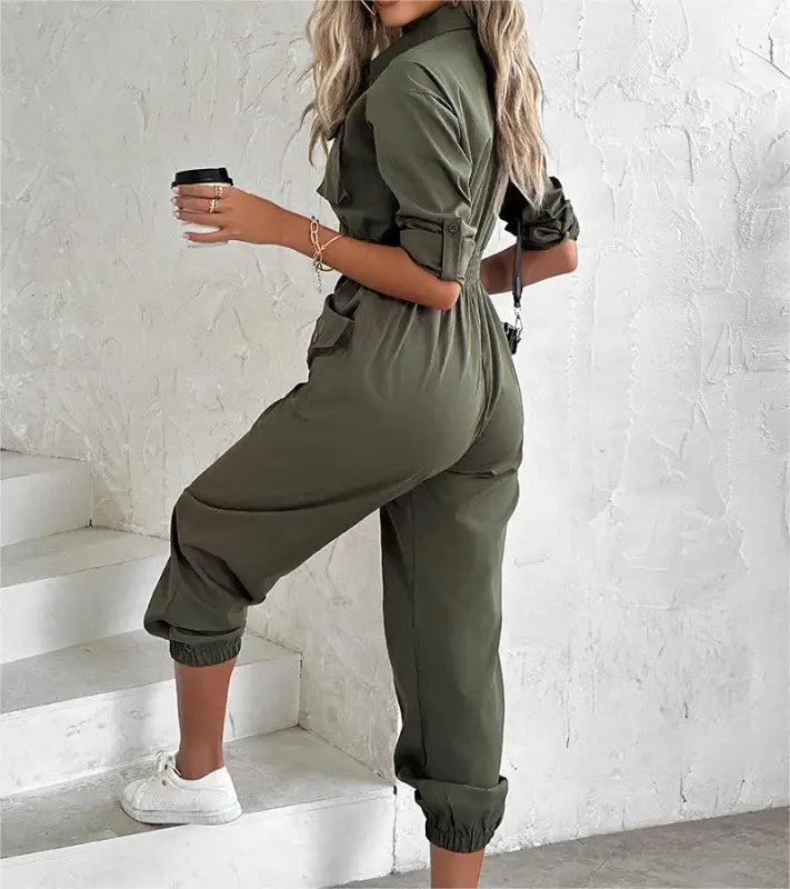 Olive green waist tied casual cargo jumpsuit for spring summer fall seasons