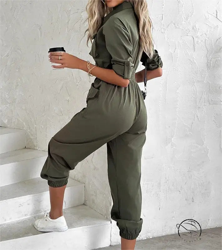 Olive green waist tied casual cargo jumpsuit for spring summer fall
