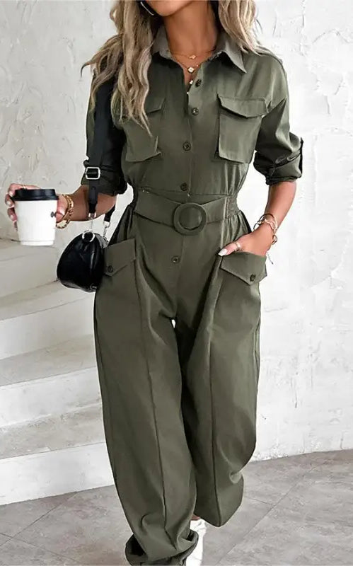 Olive green waist tied casual cargo jumpsuit for spring summer fall seasons