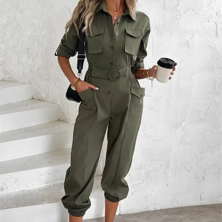 Olive green waist tied casual cargo jumpsuit for spring summer fall seasons