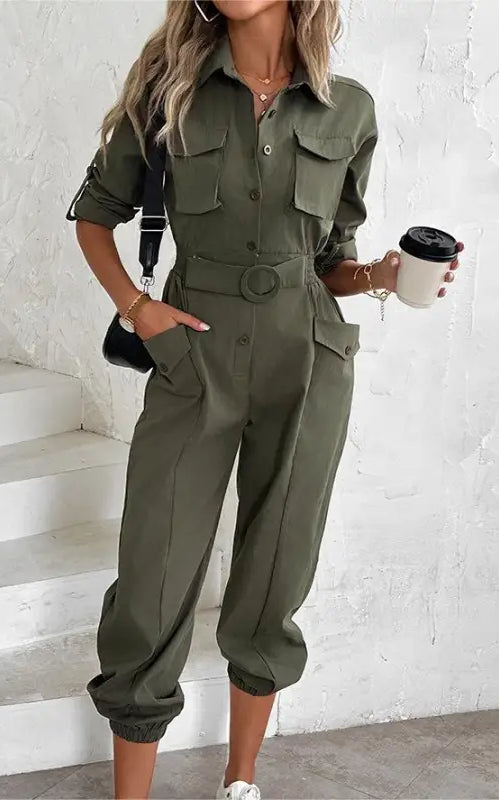 Olive green waist tied casual cargo jumpsuit for spring summer fall seasons