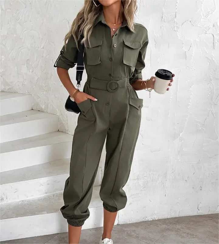 Olive green waist tied casual cargo jumpsuit for spring summer fall seasons