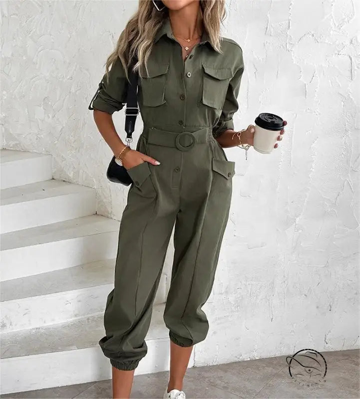 Olive green waist tied casual cargo jumpsuit for spring summer fall
