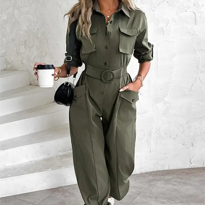 Olive green waist tied casual cargo jumpsuit for Spring, Summer, and Fall wear