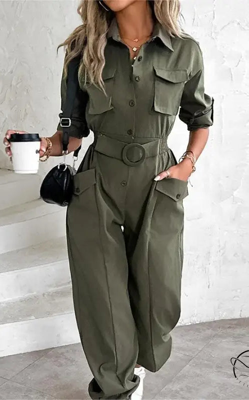 Olive green waist tied casual cargo jumpsuit for spring summer fall