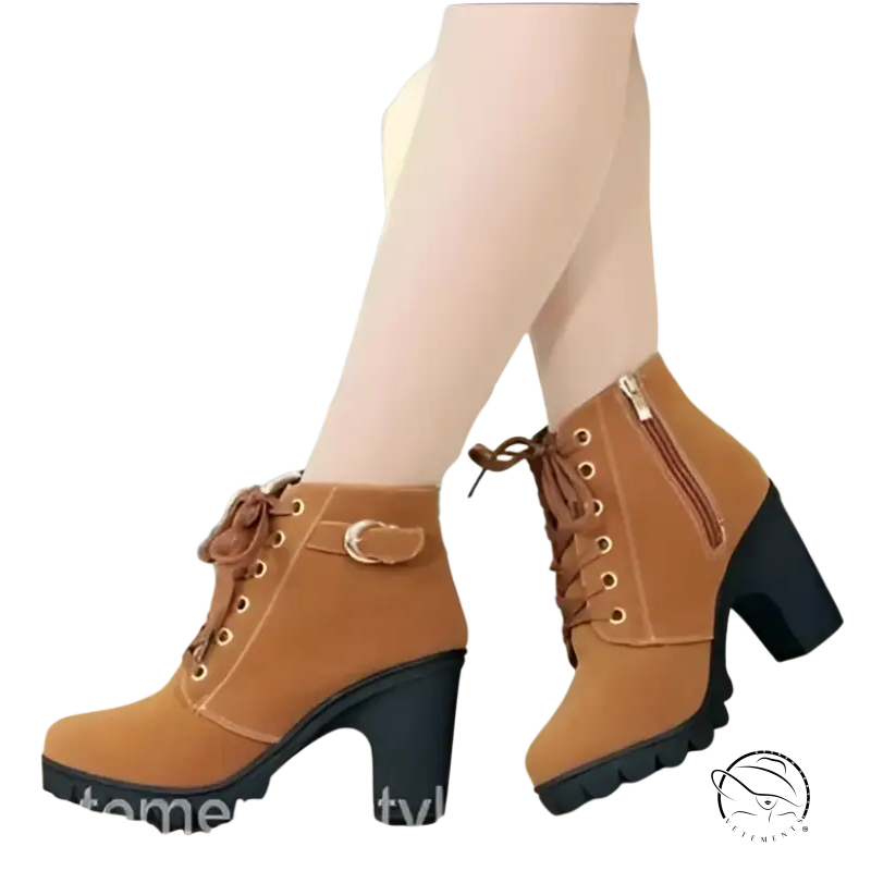 Tan waterproof high heel martin leather boots with chunky treaded soles